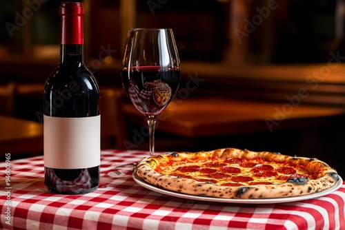 A sophisticated setting of an elegant dining table featuring a delicious pizza and a glass of red wine, evoking the essence of fine dining and gastronomic delight.