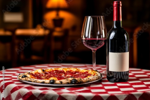 A delicious pizza with pepperoni and olives accompanies a bottle and glass of red wine on a red checkered tablecloth, creating a cozy and inviting dining atmosphere.