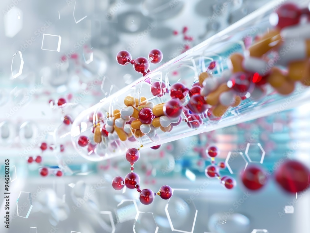 Scientific Illustration Depicting Nutrient Molecules Supporting Immune Function with Red Spheres and Pills in a Test Tube Scientific Illustration Depicting Nutrient Molecules Supporting Immune Function with Red Spheres and Pills in a Test Tube