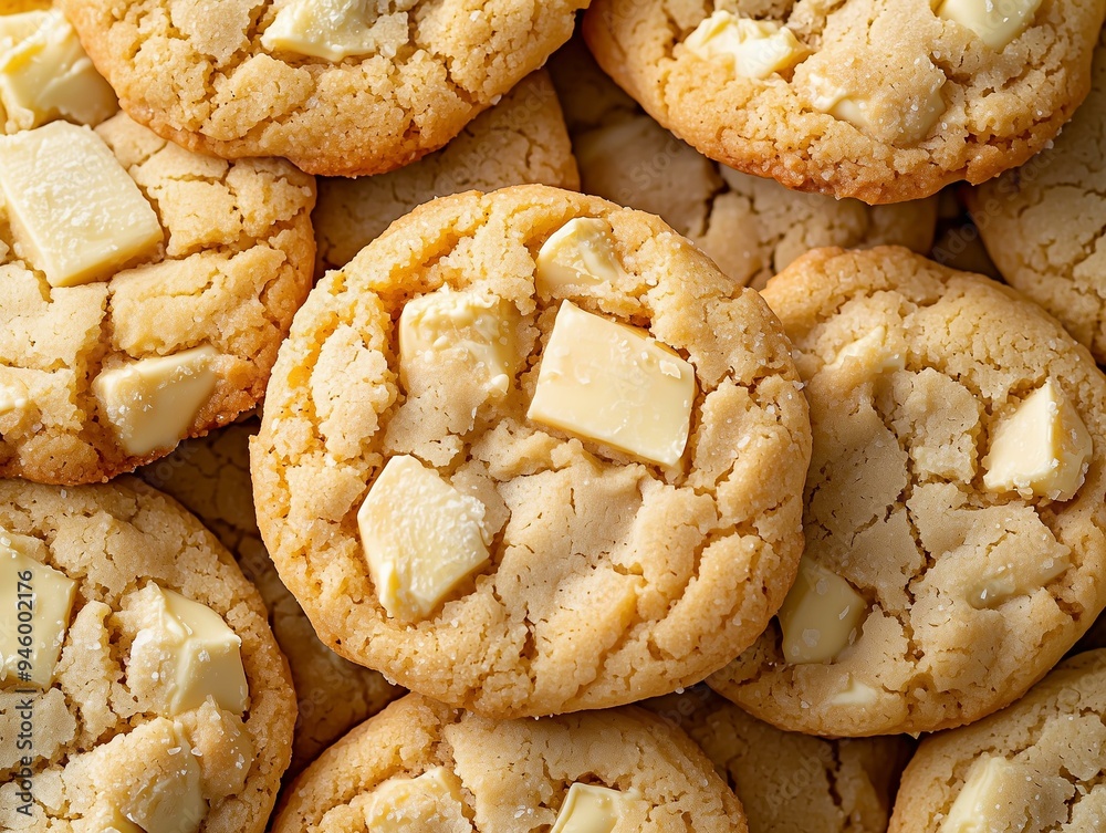 Freshly Baked White Chocolate Chip Cookies in a Close-Up View, Highlighting Their Golden Texture and Melting White Chocolate, Perfect for Dessert, Snack, or Baking Concepts Freshly Baked White Chocolate Chip Cookies in a Close-Up View, Highlighting Their Golden Texture and Melting White Chocolate, Perfect for Dessert, Snack, or Baking Concepts