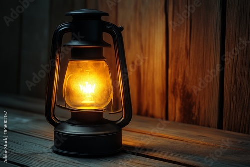 The image captures a vintage lantern emitting a soft glow, placed on a wooden surface with a dark background, evoking a sense of warmth and nostalgia.