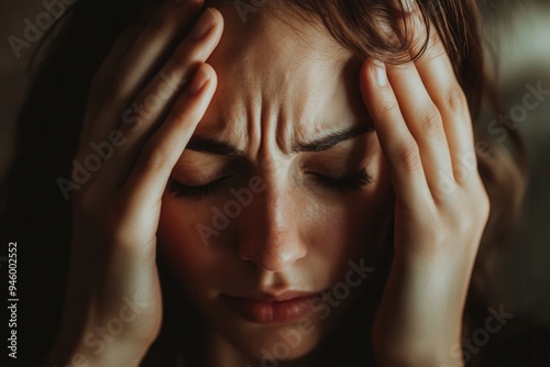 A young woman appears overwhelmed, hands clutching her head, eyes closed, conveying a deep sense of stress and anxiety in a quiet space. Generative AI