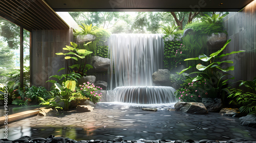 Luxurious waterfall garden inside the house,16K,photostock style