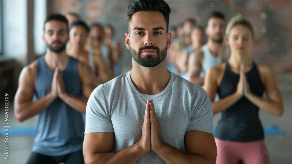A man participating in a group yoga class with other men and women A man participating in a group yoga class with other men and women