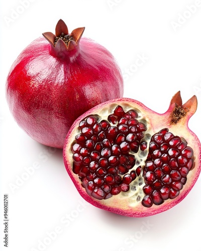 A vibrant image displaying a whole pomegranate beside a halved one, showcasing its array of juicy, red seeds inside. Perfect for food or health-focused concepts.