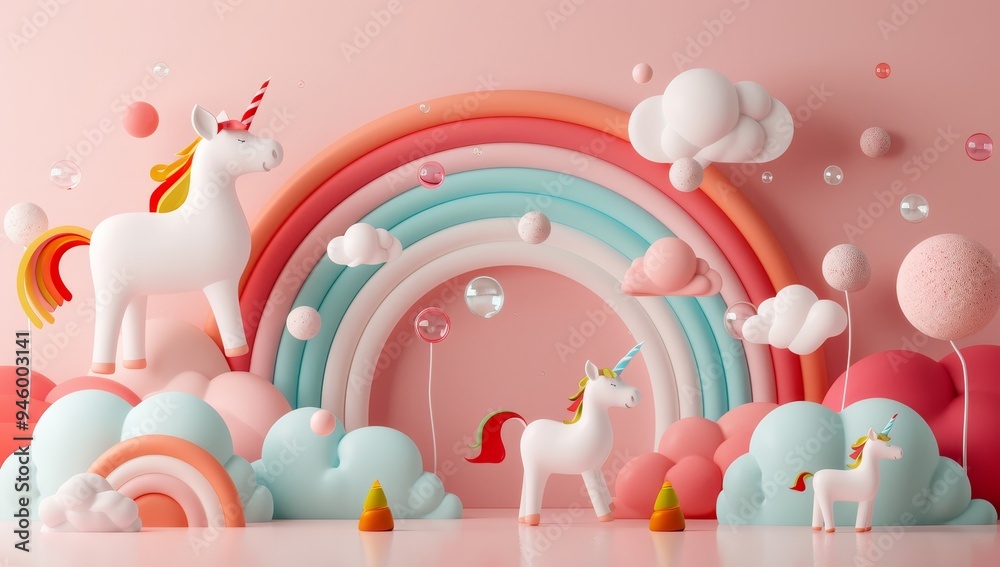 Fototapeta premium A colorful rainbow with three unicorns and a few balloons by AI generated image
