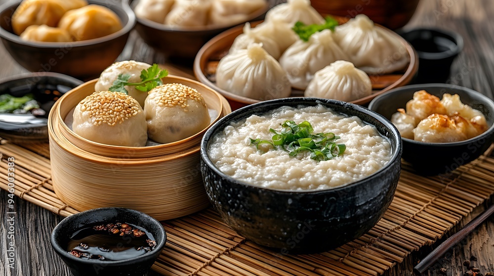 A diverse Asian breakfast set with dim sum, steamed buns, and a bowl of congee, served with tea on a bamboo mat. The dishes are artfully presented, highlighting the textures and flavors. A diverse Asian breakfast set with dim sum, steamed buns, and a bowl of congee, served with tea on a bamboo mat. The dishes are artfully presented, highlighting the textures and flavors.