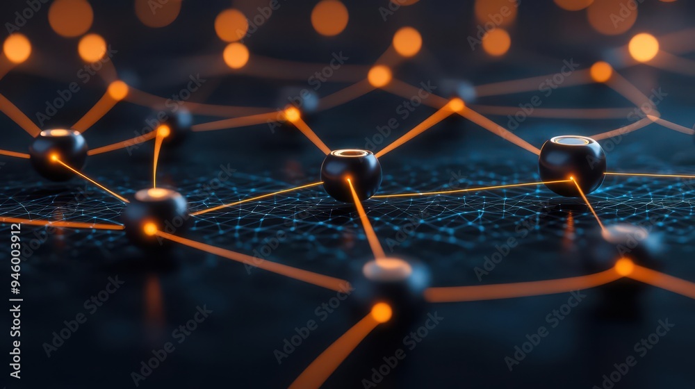 Floating nodes connected by glowing lines, representing surreal peertopeer network, Floating nodes connected by glowing lines, representing surreal peertopeer network,