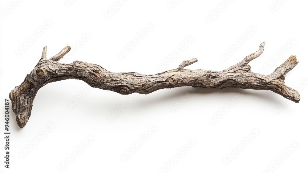 A textured, twisted branch displayed on a white background. A textured, twisted branch displayed on a white background.