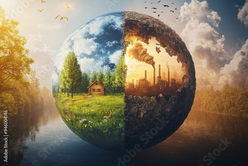 A striking visual of a split world, one half depicting lush green nature and the other showing industrial pollution, highlighting the contrast and environmental impact.