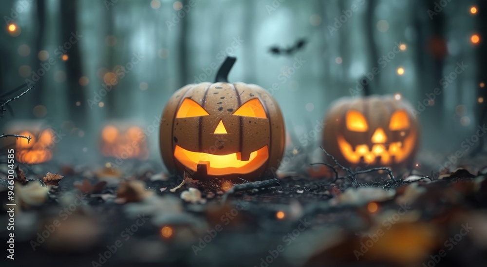 Obraz premium Lit Jack-O'-Lanterns in a Forest