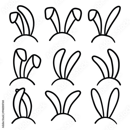 Hand drawn doodle set of rabbit ears on white background. Happy Easter.
