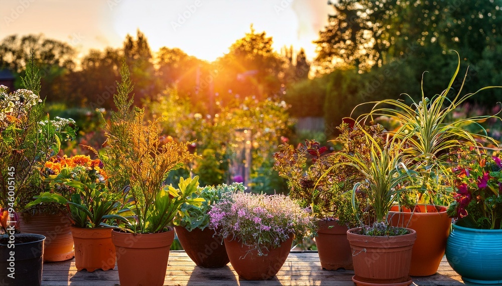 Captivating Display of Colorful Potted Plants in a Lively Garden Setting During Golden Hour Captivating Display of Colorful Potted Plants in a Lively Garden Setting During Golden Hour