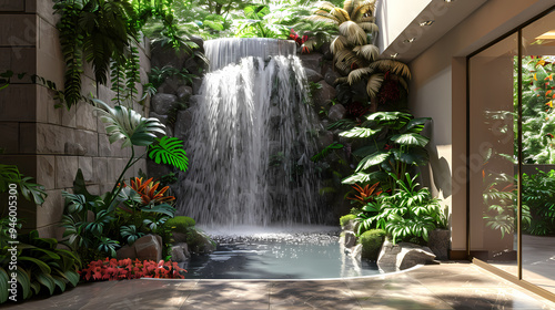 Luxurious waterfall garden inside the house,16K,photostock style