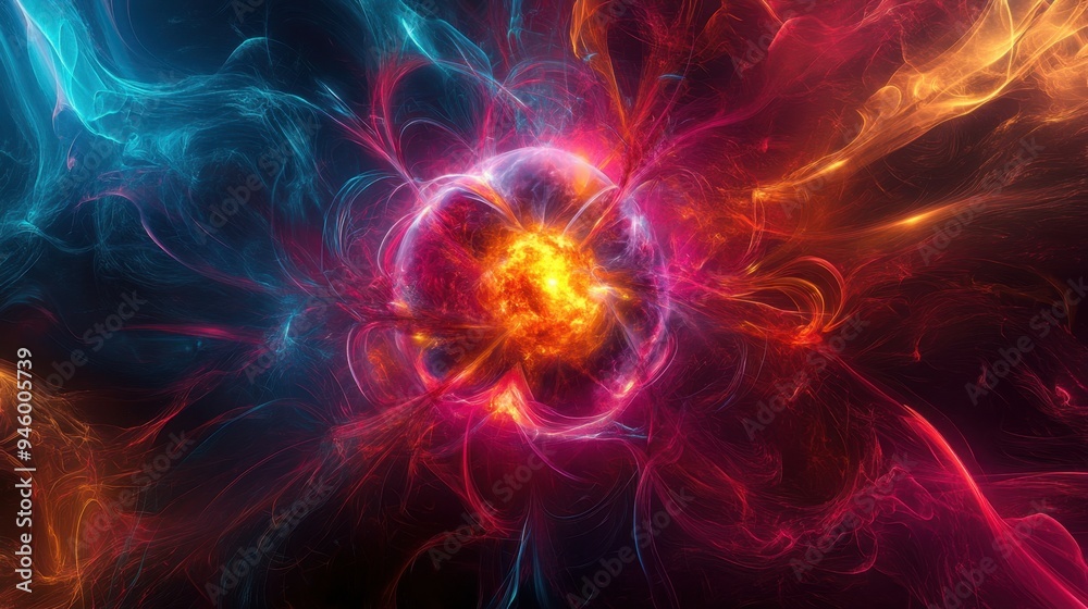 Fototapeta premium Abstract visualization of nuclear fission with a central core surrounded by pulsating radiation waves, representing the splitting atom and energy release in vivid colors