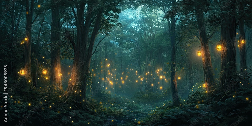 Fototapeta premium Enchanted forest with glowing lanterns.