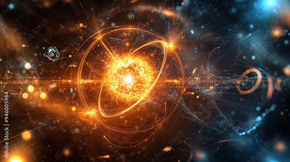 Obraz premium Artistic representation of nuclear fission, illustrating atomic energy with waves of radiation spreading from a central core, surrounded by scientific symbols and glowing effects