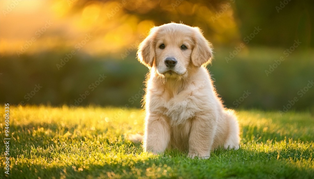 Cute Golden Retriever Puppy Sitting Proudly on Green Grass in a Serene Outdoor Setting Cute Golden Retriever Puppy Sitting Proudly on Green Grass in a Serene Outdoor Setting