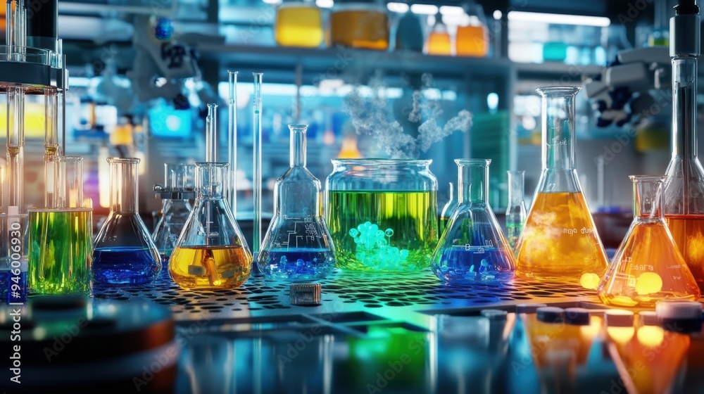 Bright and detailed scene of a cutting-edge chemistry lab, featuring colorful liquids in various glassware, precision measurement tools, and active chemical reactions taking place Bright and detailed scene of a cutting-edge chemistry lab, featuring colorful liquids in various glassware, precision measurement tools, and active chemical reactions taking place