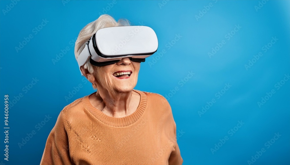 Elderly woman with virtual reality glasses isolated on blue background, cheerful elderly woman with VR glasses, Generative AI Elderly woman with virtual reality glasses isolated on blue background, cheerful elderly woman with VR glasses, Generative AI