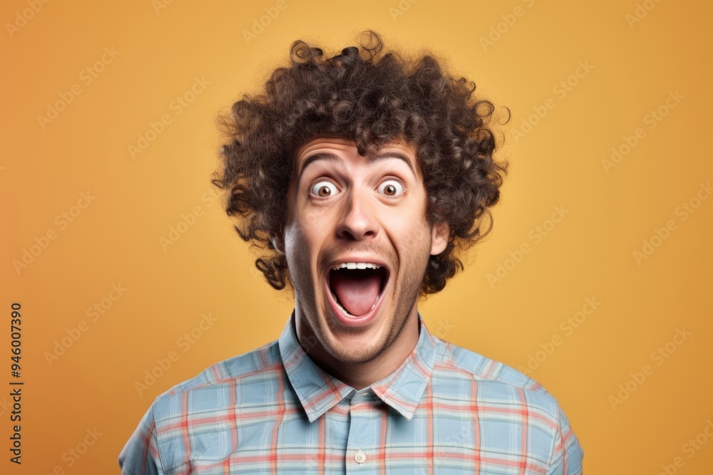 Excited curly haired man shouting portrait adult. Excited curly haired man shouting portrait adult.