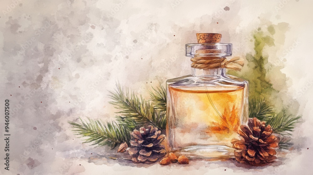 Cedarwood perfume, rustic elegance, watercolor style Cedarwood perfume, rustic elegance, watercolor style