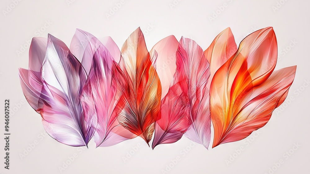 Fototapeta premium A collection of diverse-hued feathers arranged on a pristine white table adjacent to a white background