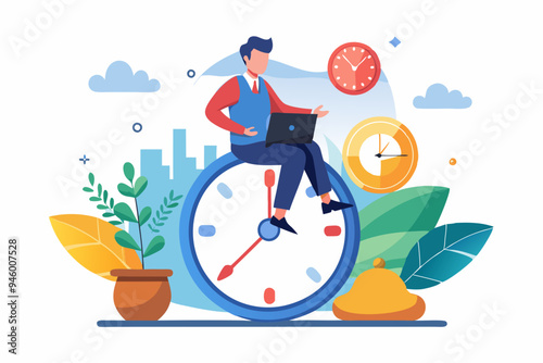 Time management, vision or effort to manage project and foresee problem or opportunity, work deadline or timer countdown, progress or development concept, businessman riding time passing clock.
