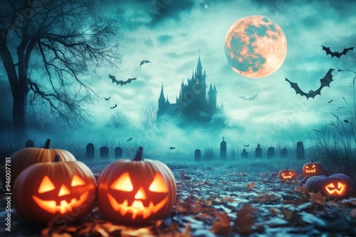 A Gothic castle looms under a full moon sky, adorned with carved jack-o'-lanterns and surrounded by bats and gravestones, evoking a spooky Halloween scene.