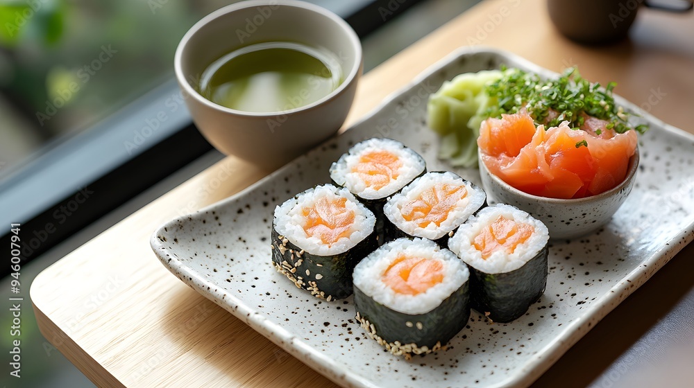 A minimalist Asian breakfast set including sushi rolls, green tea, and a small bowl of fruit, presented on a white ceramic plate. The composition is simple yet visually appealing. A minimalist Asian breakfast set including sushi rolls, green tea, and a small bowl of fruit, presented on a white ceramic plate. The composition is simple yet visually appealing.