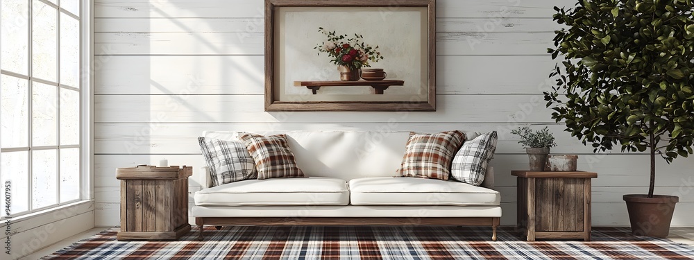 Obraz premium Cozy and charming farmhouse style living room with whitewashed wood walls plaid area rug vintage wooden side table and an antique wooden frame mockup displaying a still life painting