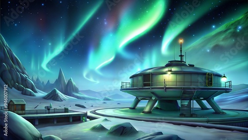 Fototapeta Naklejka Na Ścianę i Meble -  a spaceship with aurora conditions illustration background
