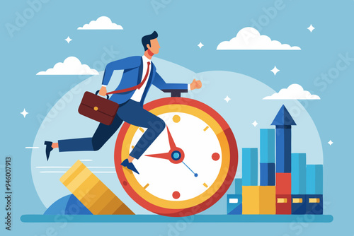 Time management, vision or effort to manage project and foresee problem or opportunity, work deadline or timer countdown, progress or development concept, businessman riding time passing clock.

