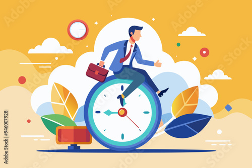 Time management, vision or effort to manage project and foresee problem or opportunity, work deadline or timer countdown, progress or development concept, businessman riding time passing clock.
