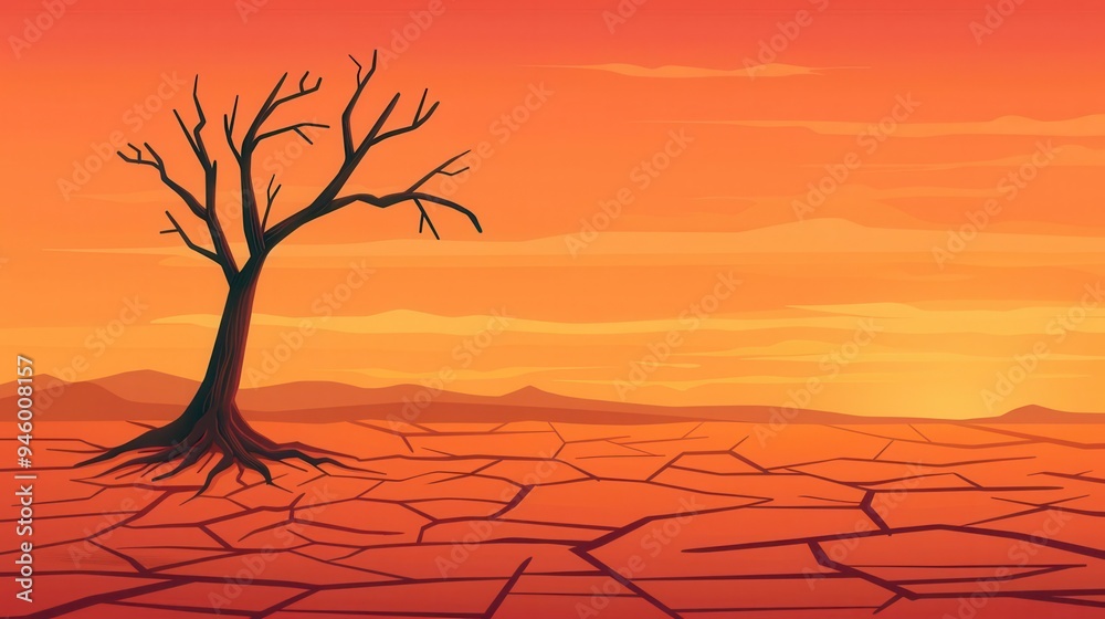 Illustration of a barren desert landscape with a lone leafless tree under an orange sunset sky, highlighting drought and climate change. Illustration of a barren desert landscape with a lone leafless tree under an orange sunset sky, highlighting drought and climate change.