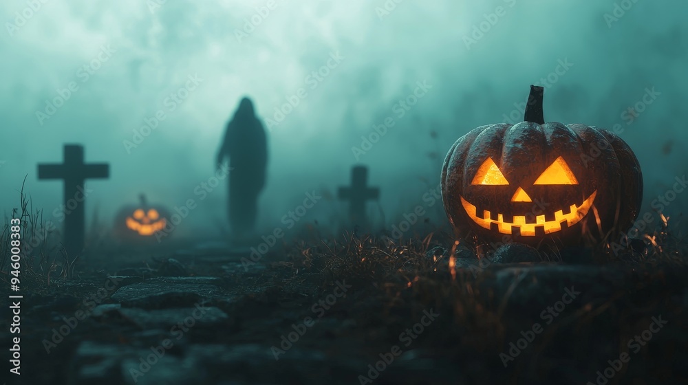 Naklejka premium Eerie Graveyard Scene with Glowing Jack o Lantern and Foggy Atmosphere on Halloween Night