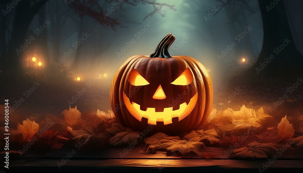 Glowing Jack-o'-lantern in a spooky setting. A sinister carved pumpkin emits a warm glow among a backdrop of fog, fallen leaves, and eerie light, conveying a Halloween theme.