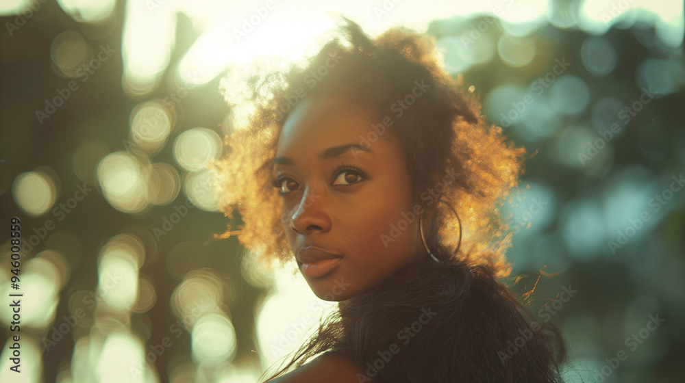 Young Black woman in sunlight, serene natural outdoor setting. Young Black woman in sunlight, serene natural outdoor setting.