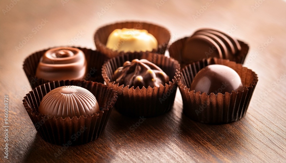 Gourmet Chocolate Candies seen up close on a table, Generative AI Gourmet Chocolate Candies seen up close on a table, Generative AI