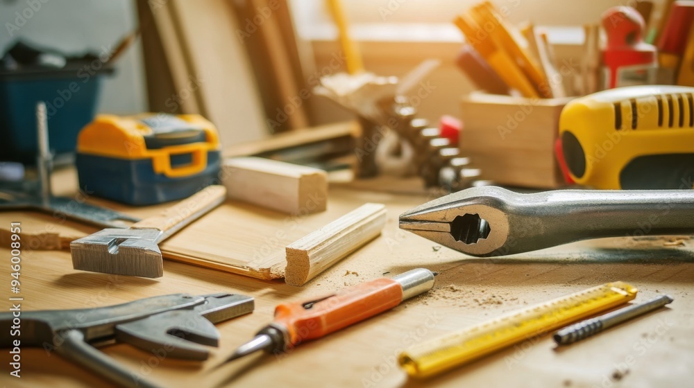 Close-up of DIY home repair essentials, including tools and construction materials, representing the practical aspects of home improvement and renovation projects Close-up of DIY home repair essentials, including tools and construction materials, representing the practical aspects of home improvement and renovation projects