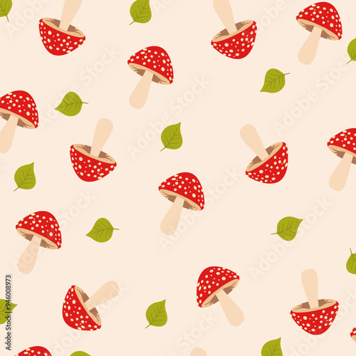 Seamless pattern with fly agaric mushrooms. Vector botanical print with hand drawn.