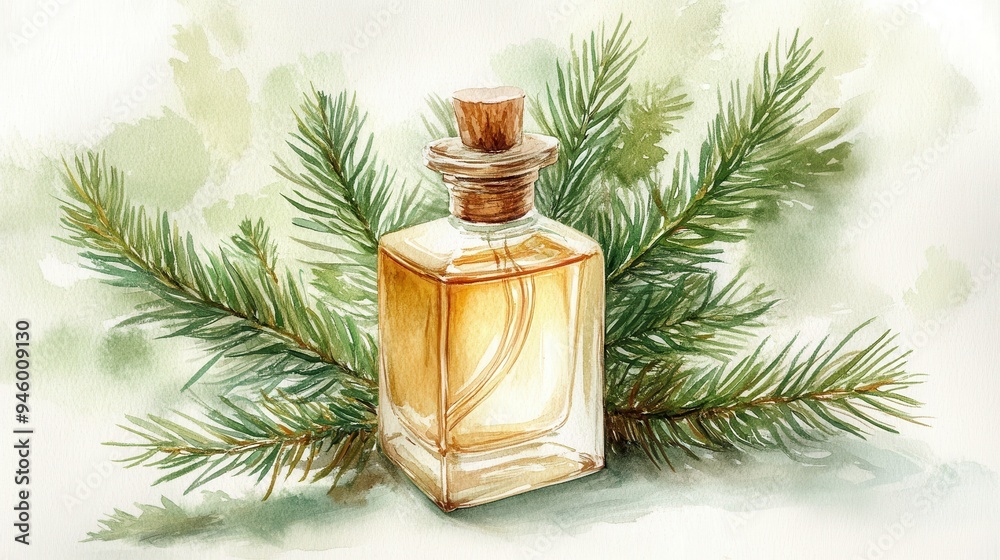 Perfume with earthy cedarwood, watercolor style Perfume with earthy cedarwood, watercolor style