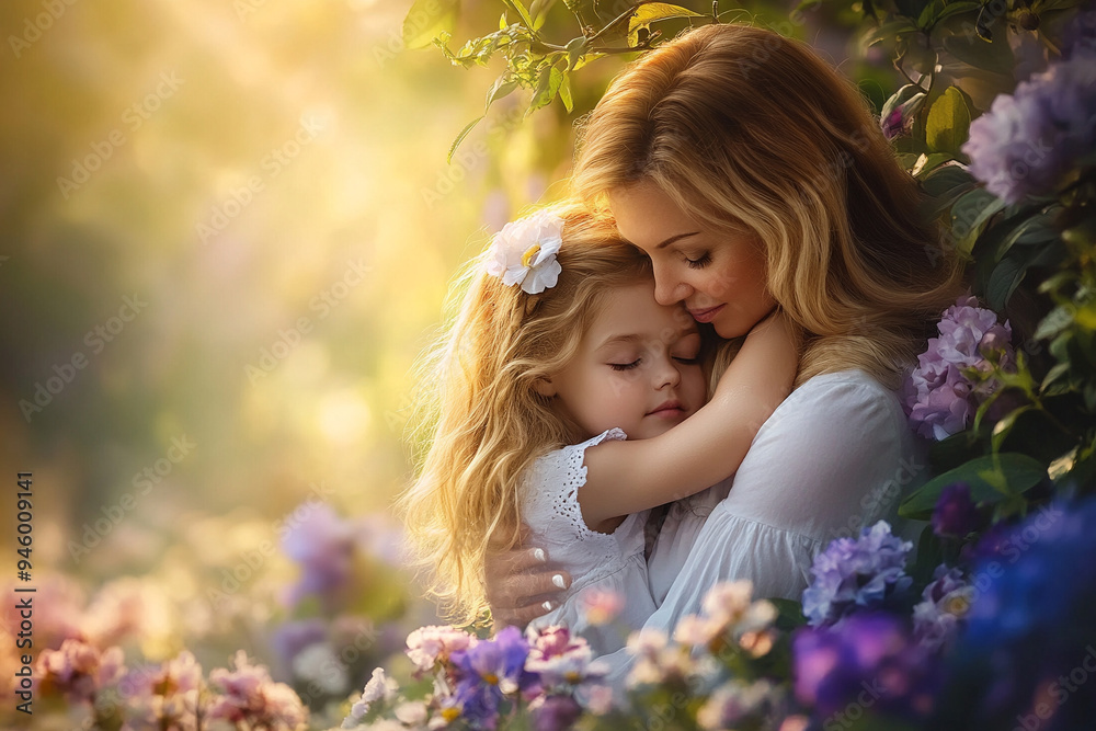 a mother and daughter hugging in a blooming garden, surrounded by colorful flowers and soft sunlight, capturing a tender moment of love and joy a mother and daughter hugging in a blooming garden, surrounded by colorful flowers and soft sunlight, capturing a tender moment of love and joy