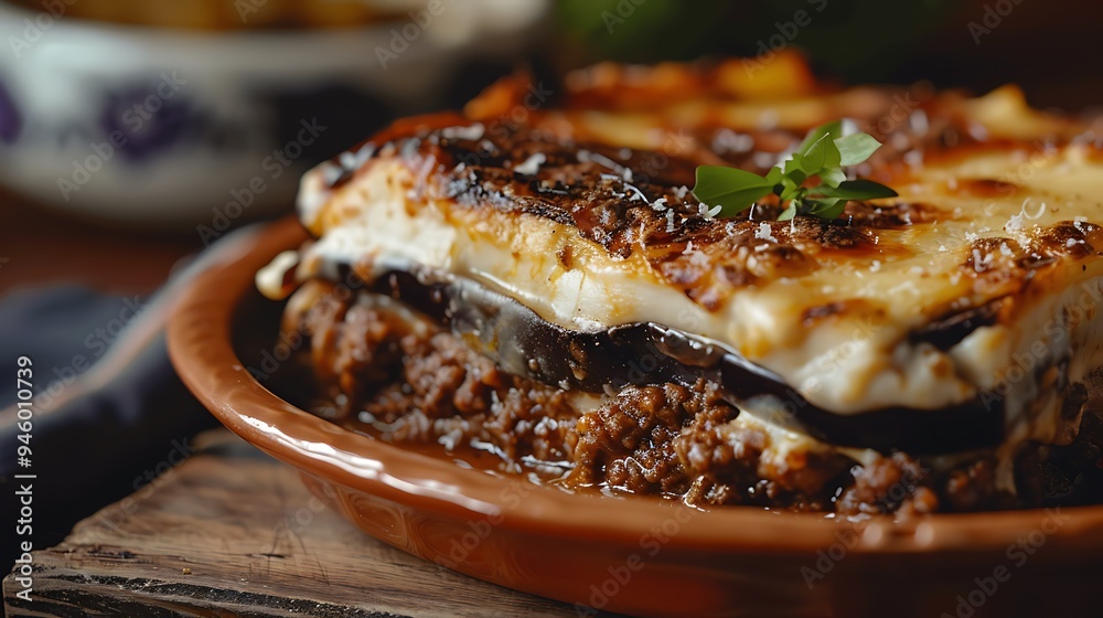 Delicious Greek Moussaka with Eggplant, Ground Beef, and Melted Cheese Delicious Greek Moussaka with Eggplant, Ground Beef, and Melted Cheese