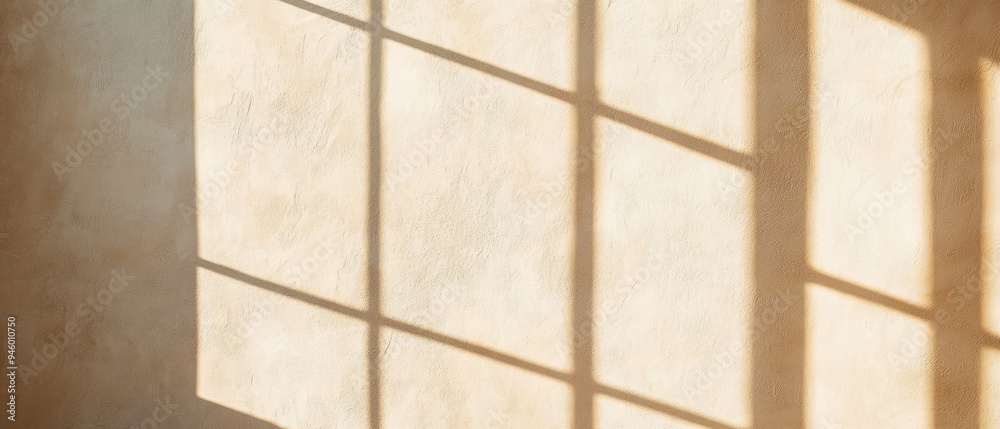 Fototapeta premium Ultrawide Backdrop Image Of Beige Rough Wall Texture With Shadow Of The Window
