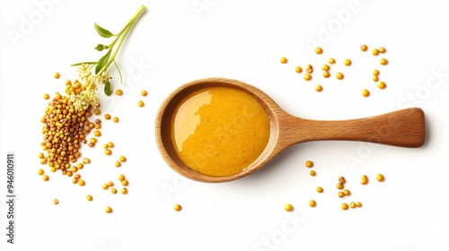 Delicious Mustard Sauce in Spoon with Dry Seeds Isolated on White Background