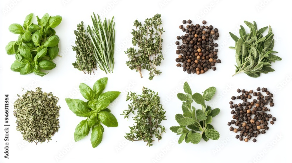 Obraz premium A variety of fresh herbs and spices arranged aesthetically for culinary use.