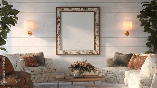 Cozy and Inviting Country style Living Room with Ornamental Frame Mockup Centered on Rustic Shiplap Wall Plush Seating Floral Textiles and Ambient Lighting for a Relaxing Homey Atmosphere