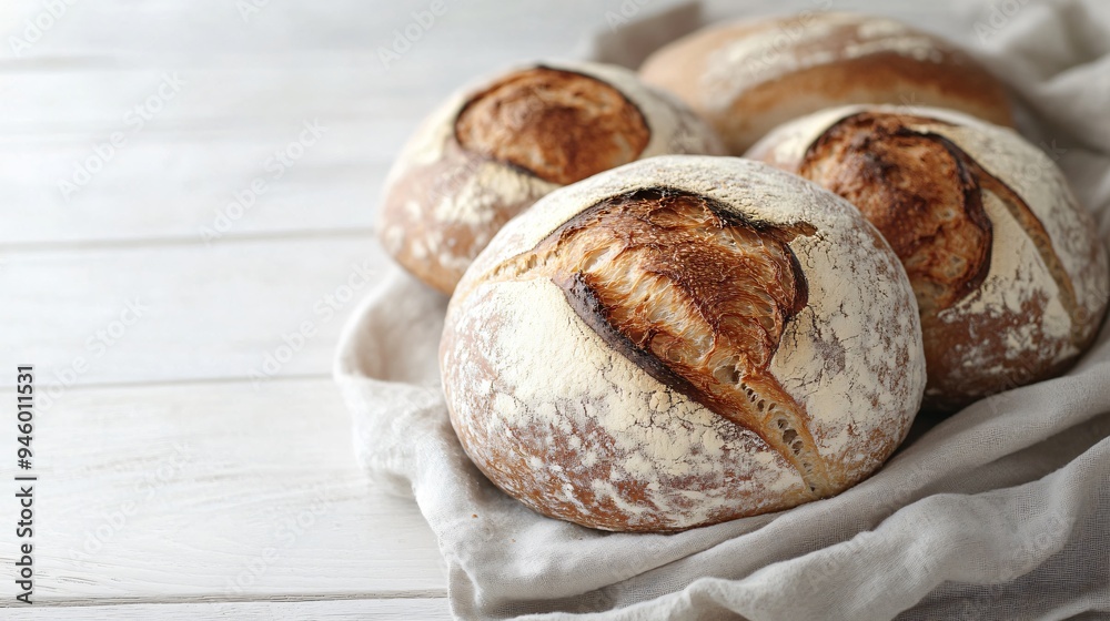Delicious Freshly Baked Sourdough Bread on White Wooden Table Delicious Freshly Baked Sourdough Bread on White Wooden Table