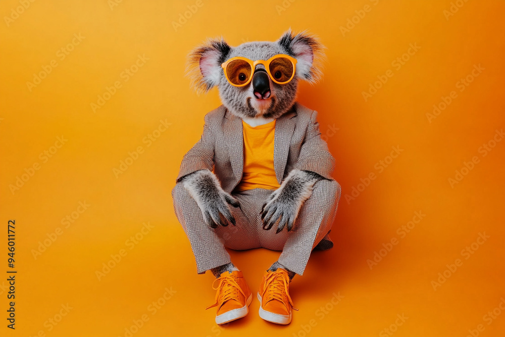 Funky colorful Koala dressed in suit in funny look, with orange sunglasses and standing looking at the camera on an orange background like a studio shoot Funky colorful Koala dressed in suit in funny look, with orange sunglasses and standing looking at the camera on an orange background like a studio shoot